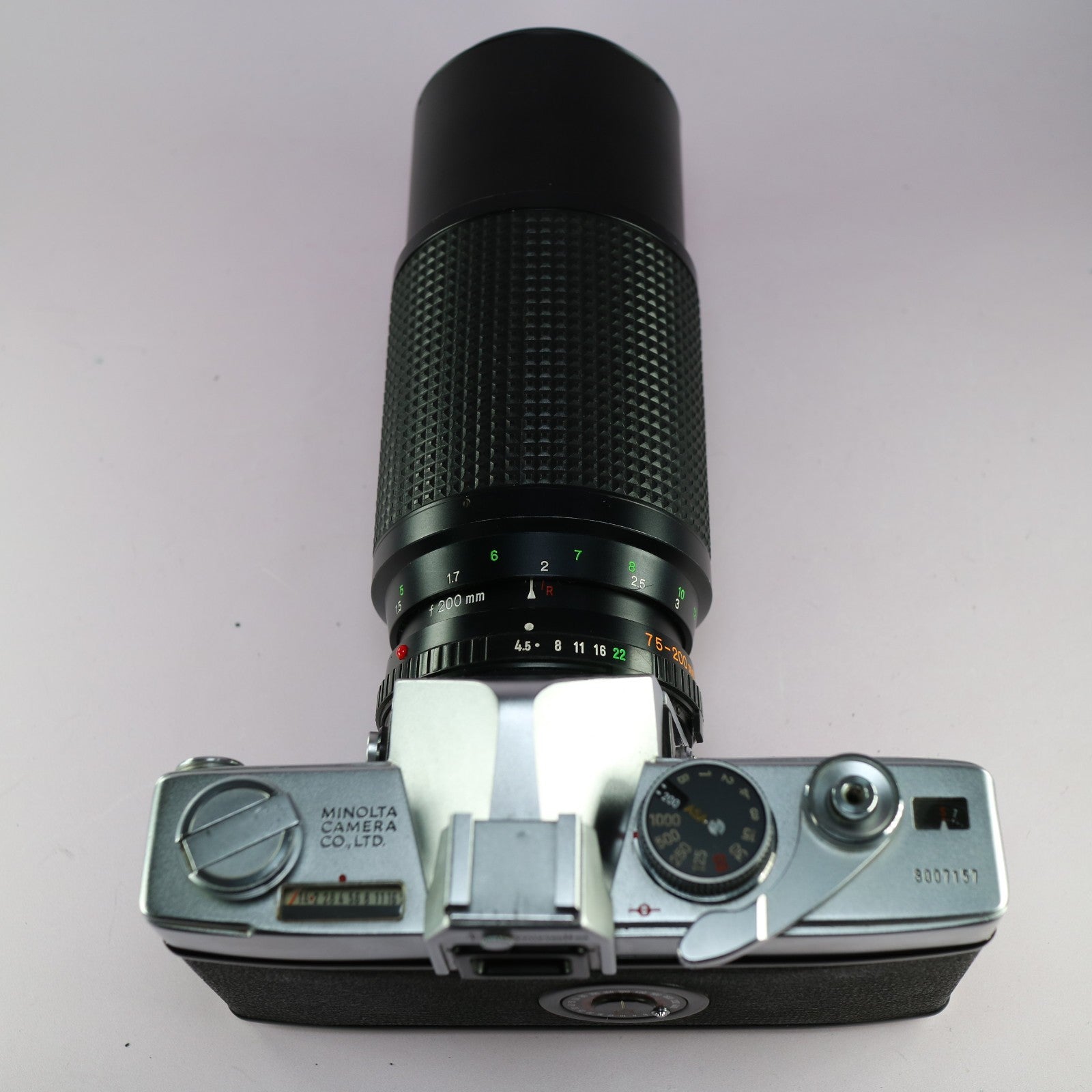 Minolta SR-7 35mm Film SLR Camera Silver w/ MD Rokkor 75-200mm f/4.5 Lens Tested