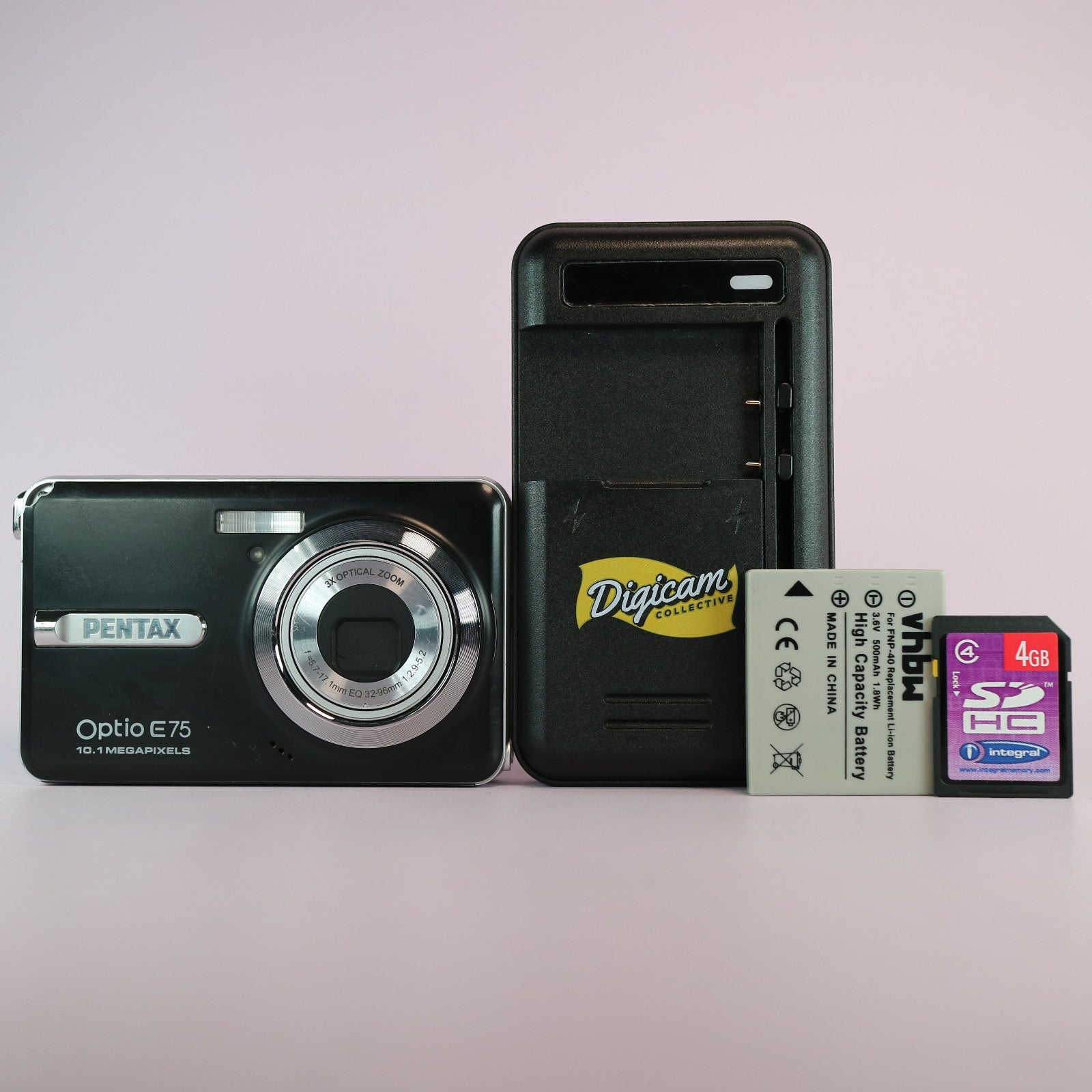 Pentax Digital Camera Optio E75 10.1MP Black Tested Full Working Set